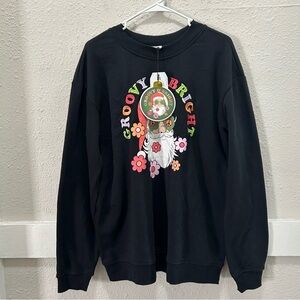 Better/Together Groovy & Bright Santa Print Black Sweatshirt Size L NWT